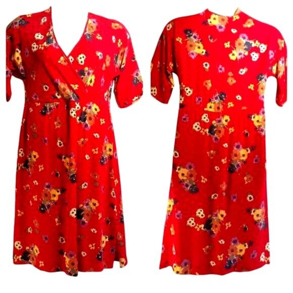 Robert Janan Dress Silk Red Floral Wrap Shirtdress Vtg - Picture 1 of 8